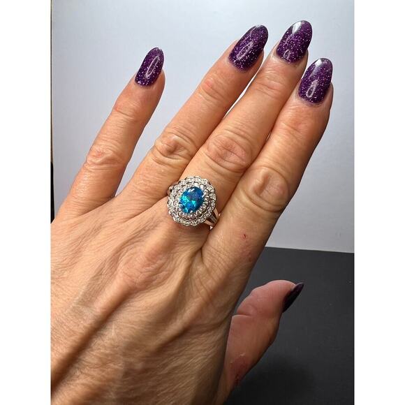 Blue and white CZ halo sterling silver ring size 8 - Picture 4 of 11